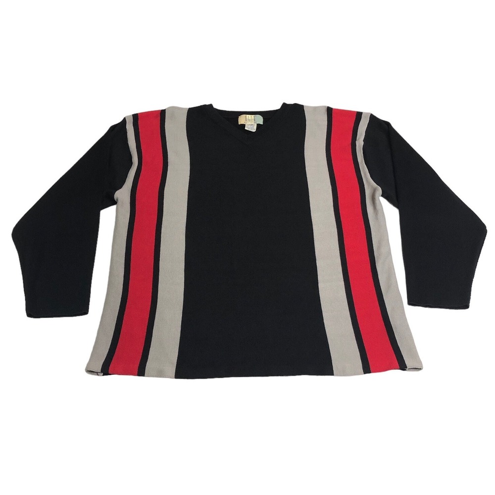 Vintage 90s City Streets Sweater Men XL Black Colorblock VNeck Cotton Blend Knit